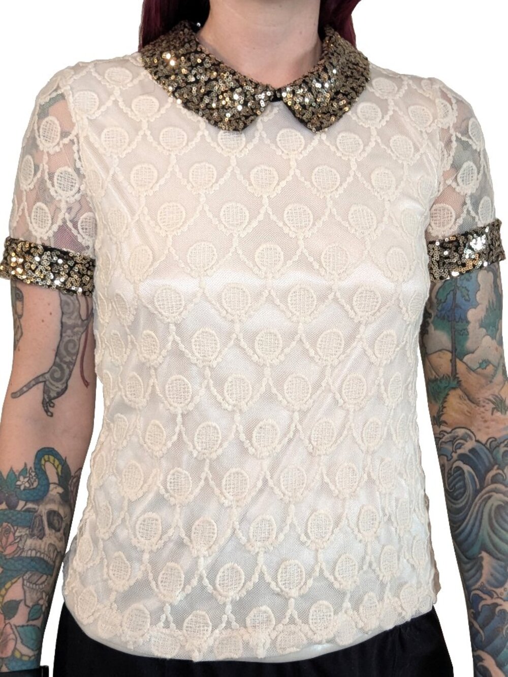 ISSI Cream Lace Gold Sequin Collar Blouse | S